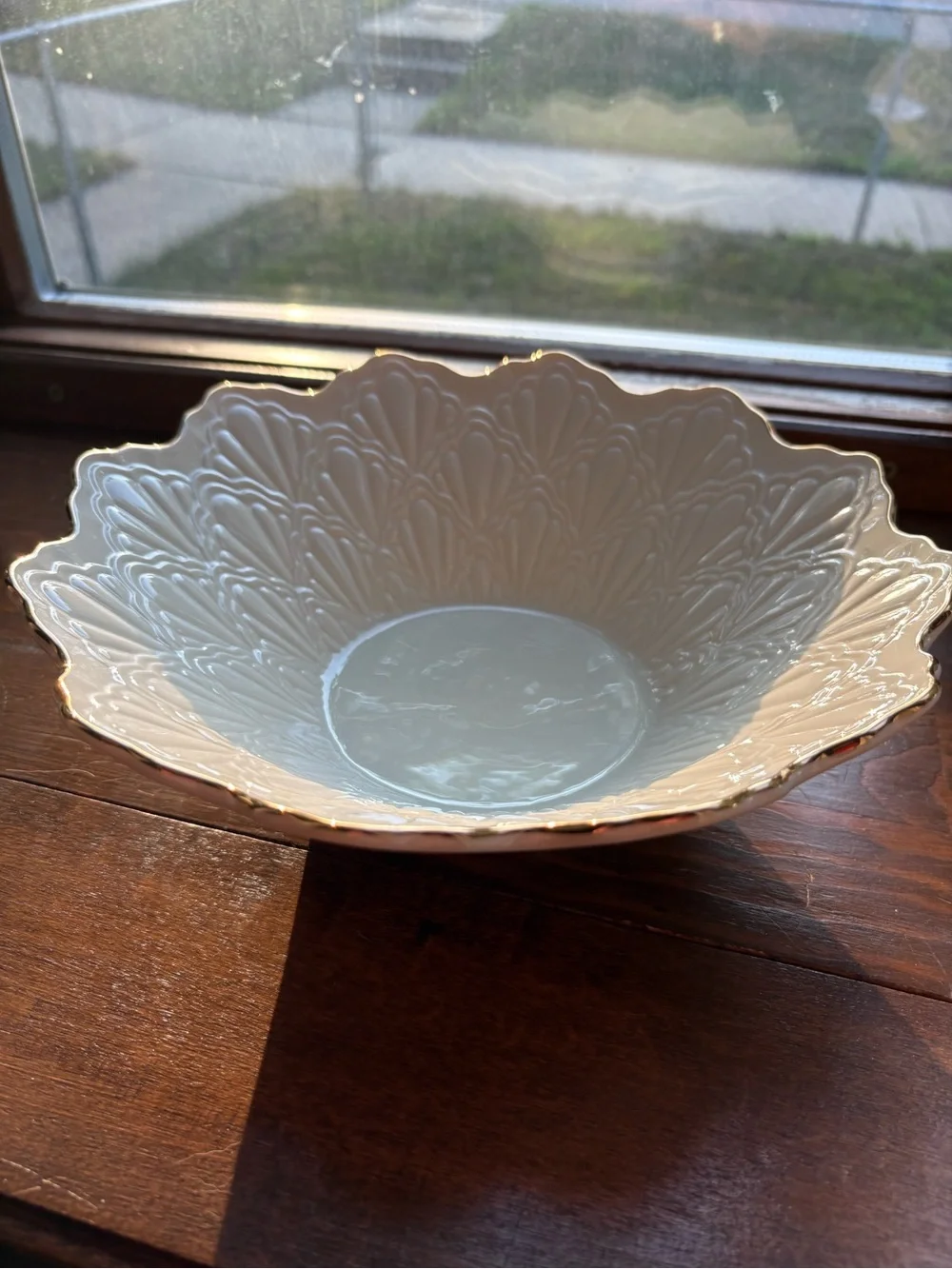 Lenox White Embossed Ceramic Serving Bowl with Gold Trim
